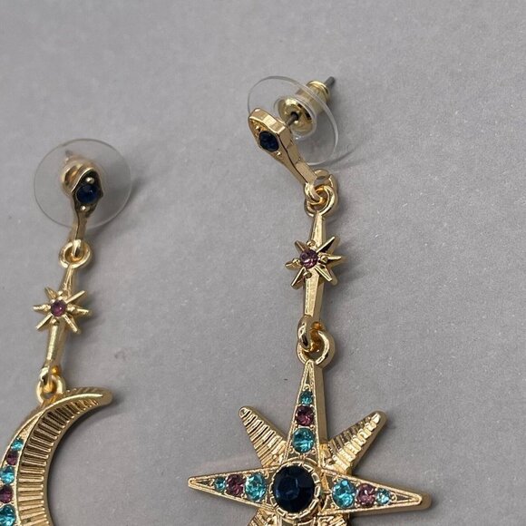 Moon & Star Multicolor Rhinestone Long Dangle Drop Earrings Gold Tone - Picture 4 of 7